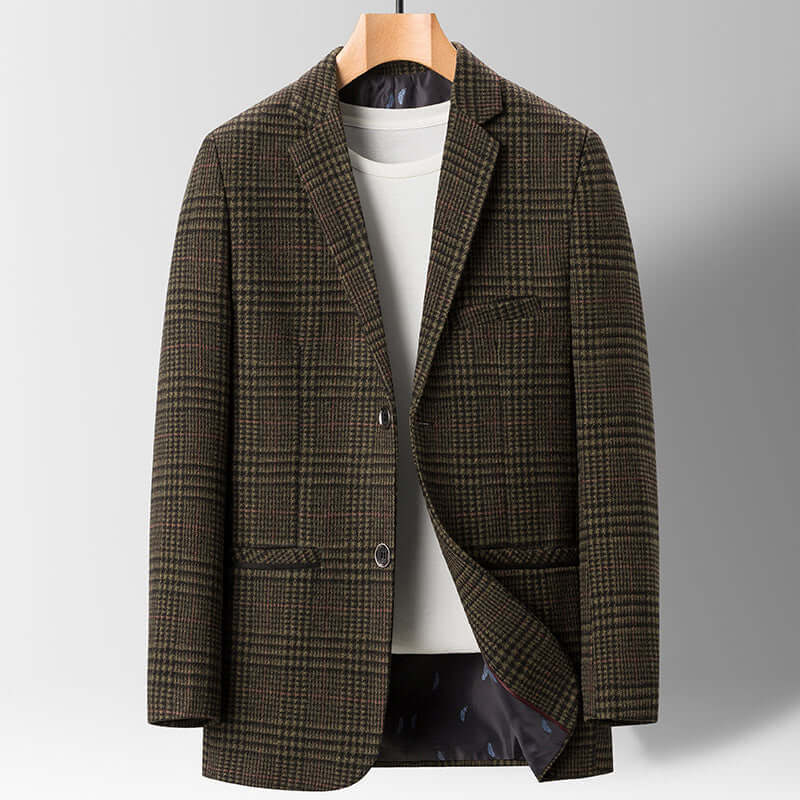 Business fine plaid casual suit for men in khaki color, tailored for a light business style.