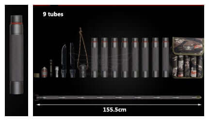 Multifunctional outdoor equipment with 9 tubes, foldable hiking stick setup, displayed with length of 155.5cm.
