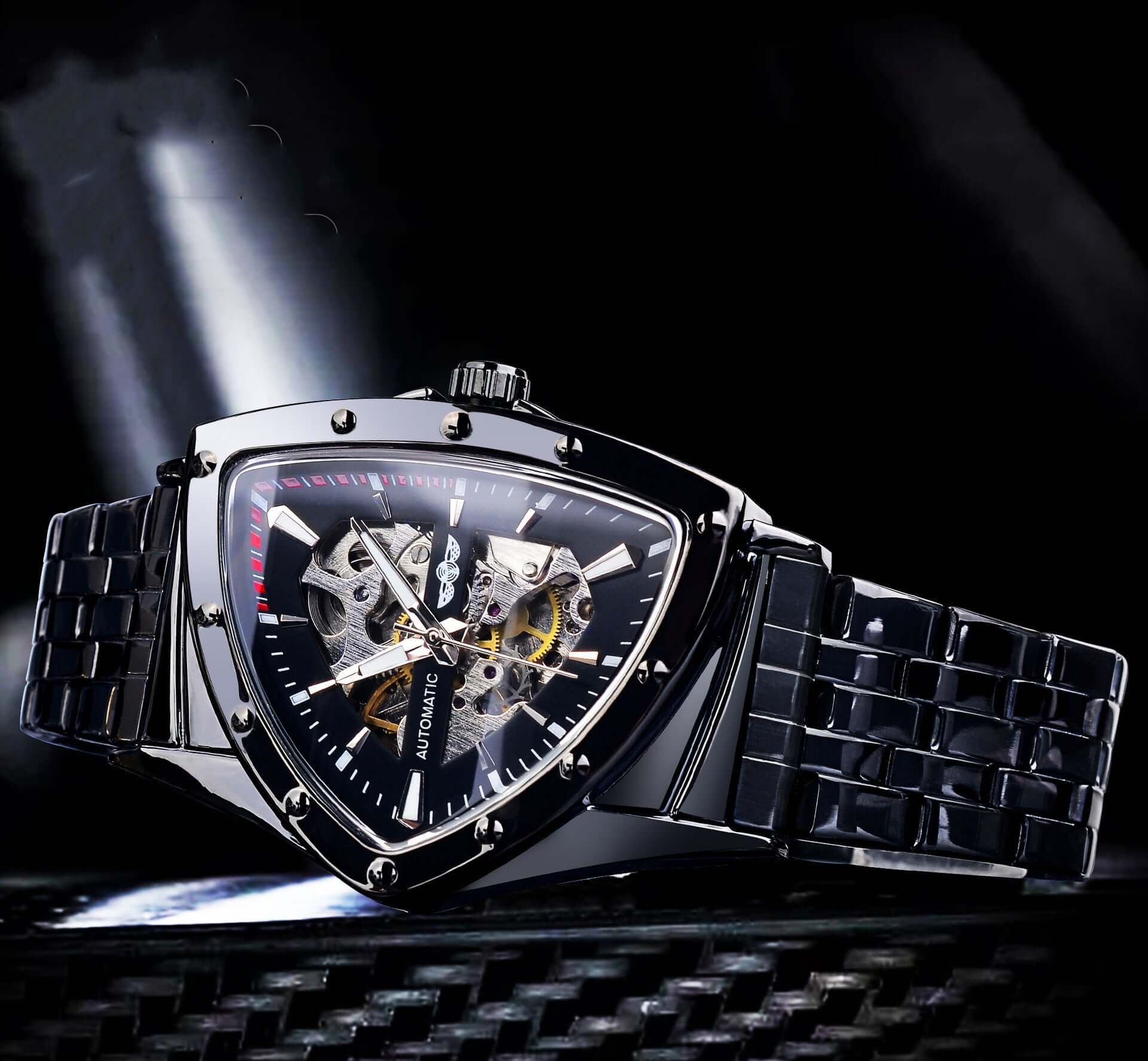 Men's mechanical watch with hollow transparent back cover, black stainless steel strap, and triangular dial design.