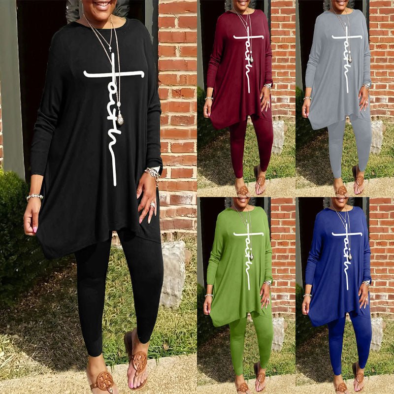 Round Neck Loose Long Sleeves Solid Color Printed Plus Size Women's Clothing Two - piece Set - DBMP (Electronics And More Store)