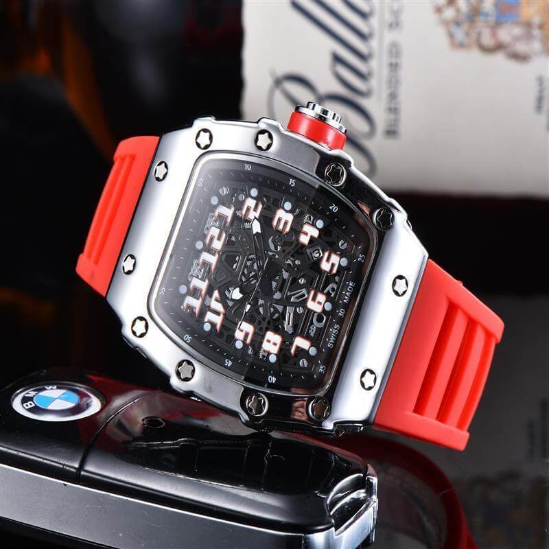 Stylish red rubber strap watch with a sporty design, showcasing a bold black dial and stainless steel casing.