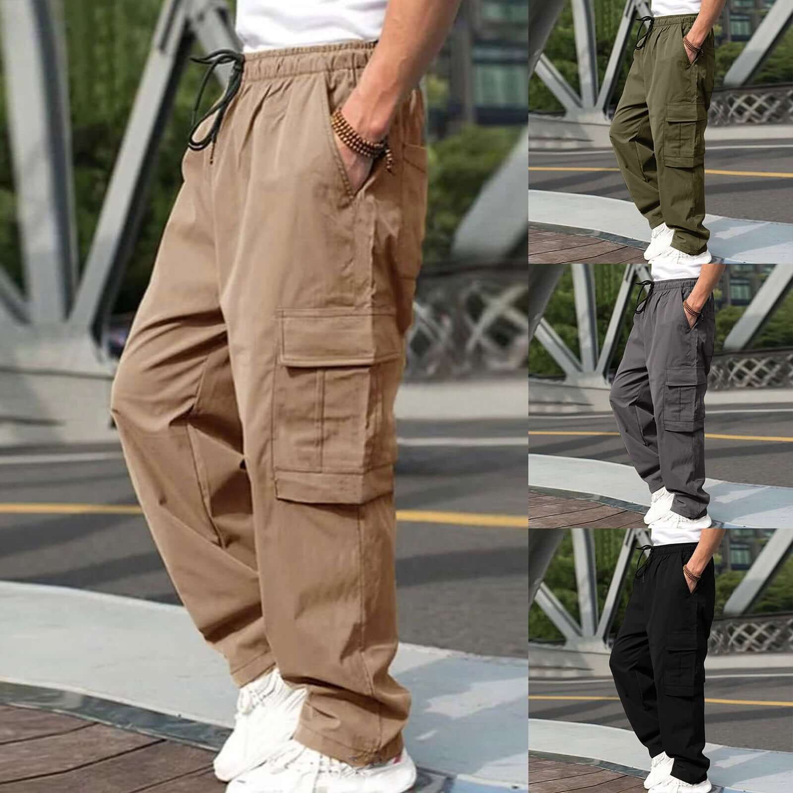 Casual cargo pants for men in black, army green, khaki, and dark gray with drawstring waist and pockets.