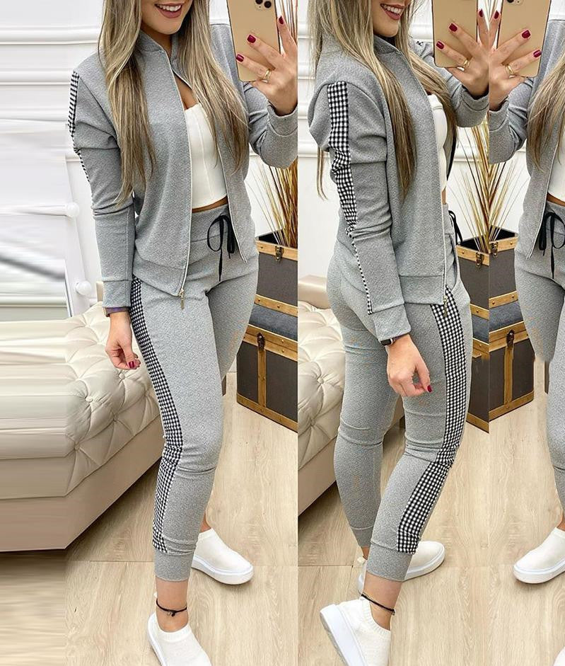 Women's Splicing Plaid Casual Polyester Suit
