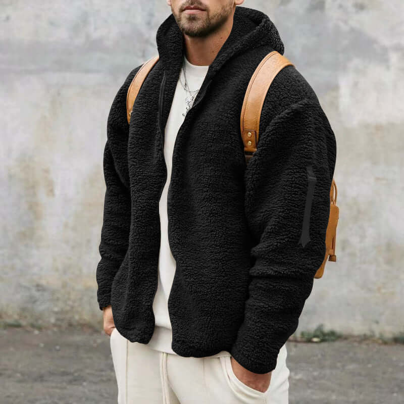 Men's black plush hooded jacket with zipper, casual loose fit, ideal for autumn and winter outdoor wear.