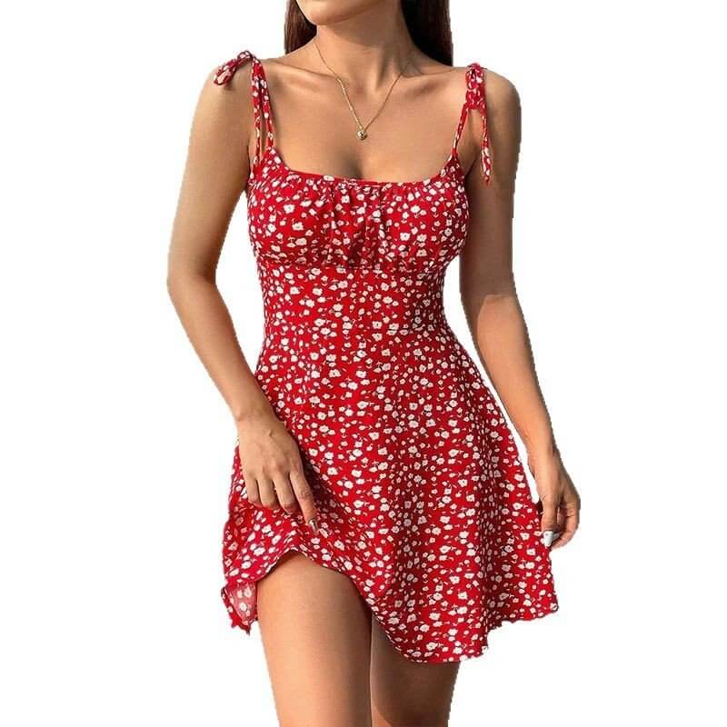 Floral Print Dress Summer Sweet A - Line Waist Trimming Dresses Women's Slimming Casual Clothing - DBMP (Electronics And More Store)