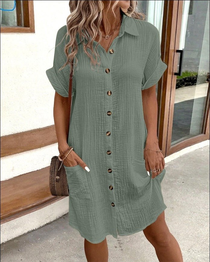 Summer Short Sleeve Shirt Dress Fashion Solid Color Single - breasted Mid - length Loose Dress - DBMP (Electronics And More Store)