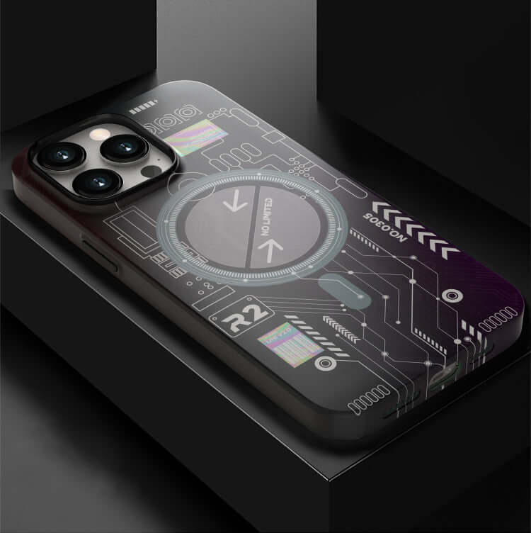 Back cover luminous magnetic phone case with circuit design, compatible with iPhone models, available in various colors.