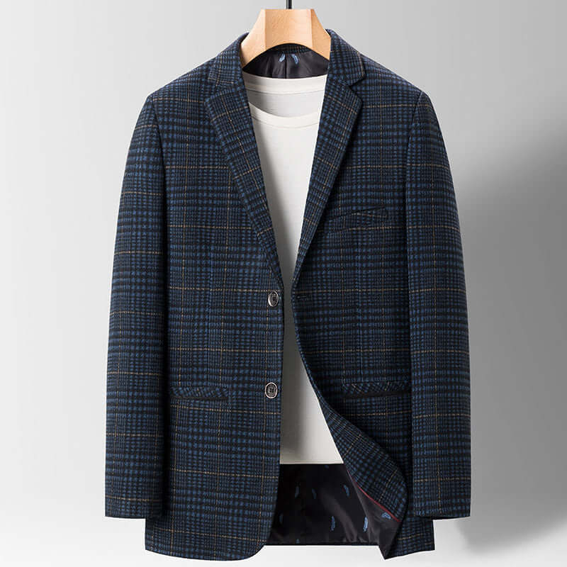 Men's business fine plaid blazer in navy and khaki, perfect for light business casual occasions.