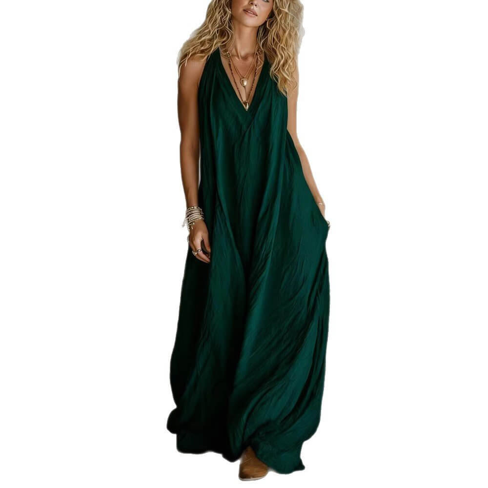 Casual Sleeveless Loose Fit Vest V - neck Long Dress With Front Pockets - Women's Summer Holiday Flowy Sleeveless Long Dresses For Daily Wear - DBMP (Electronics And More Store)