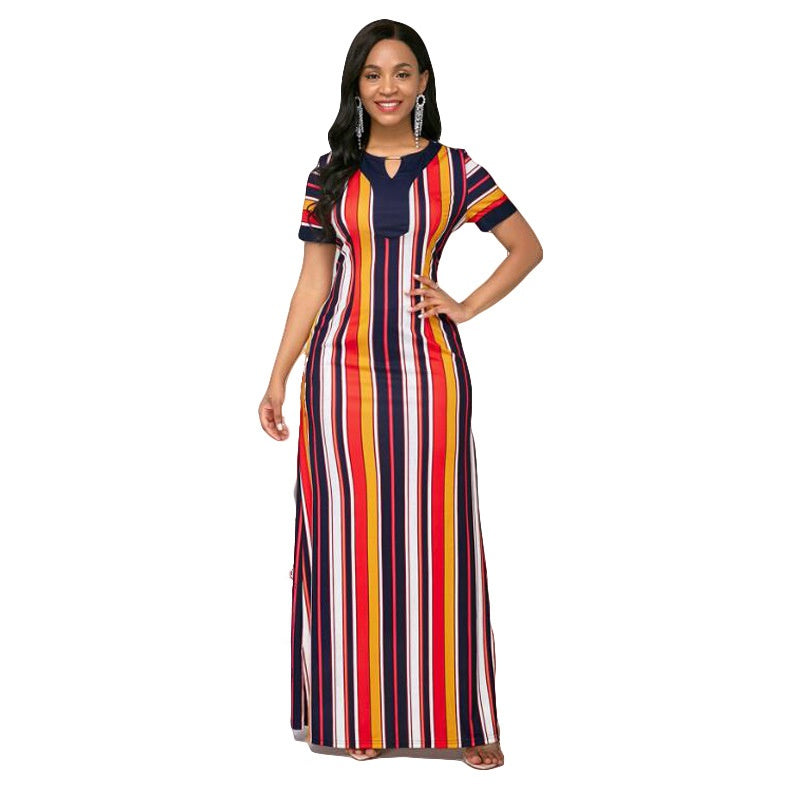 Women's Striped Small V Mid Waist Dress