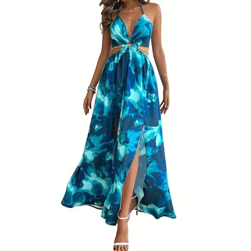 Elegant Womens Floral Print Halter V - neck Backless Side - Slit Dress Cut Out Waist Chain Sleeveless High Side Split Fit Flare Maxi Long Dresses - DBMP (Electronics And More Store)