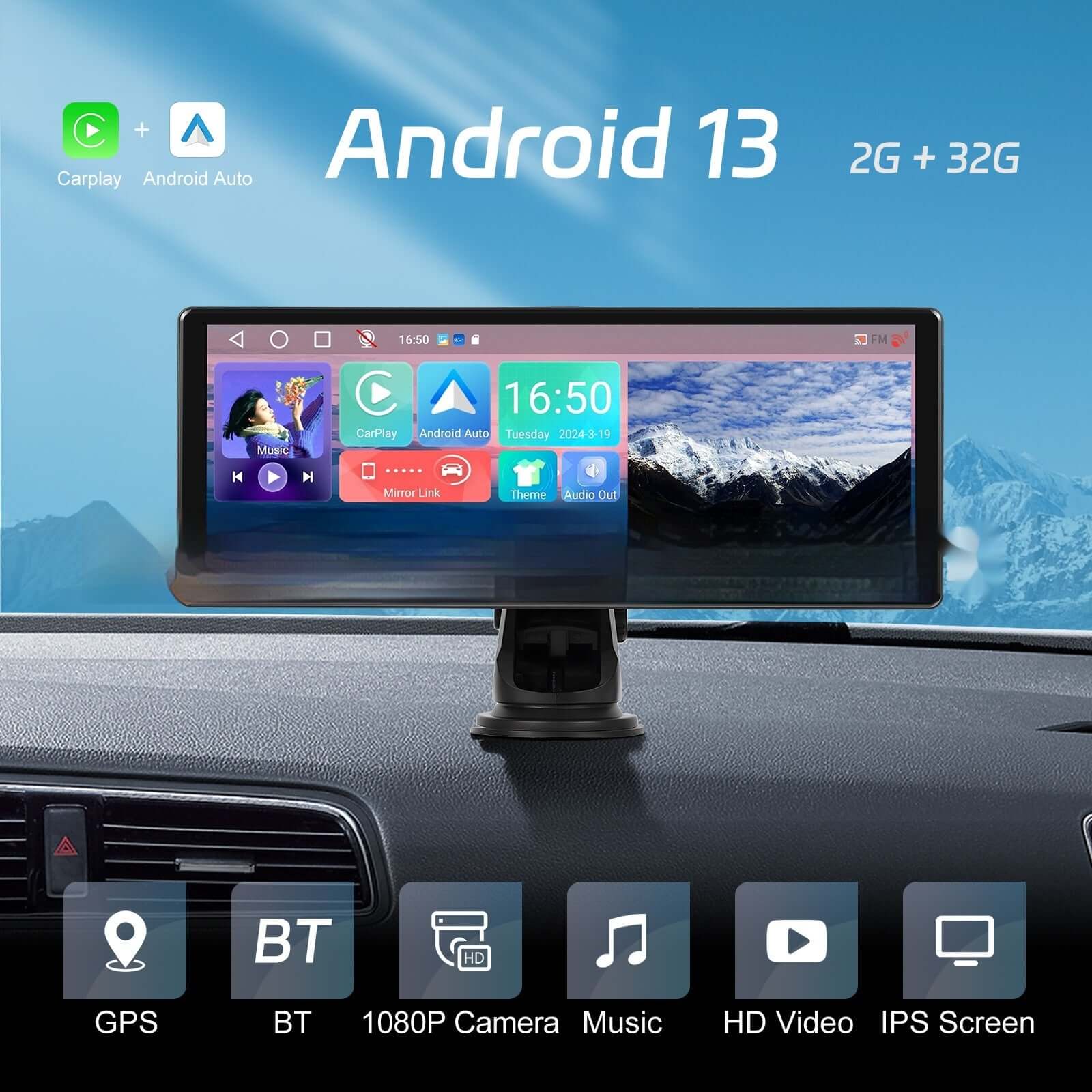Full Touch HD Android 13 display with CarPlay, showing GPS, music, and camera features in a car dashboard setting.