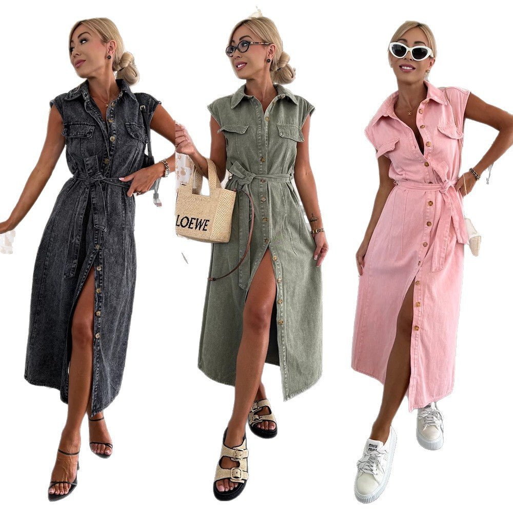 Women's Casual Sleeveless Lace - up Long Dresses Fashion Pockets Solid Party Office Elegant Lapel Single Breasted Denim Dress Summer - DBMP (Electronics And More Store)