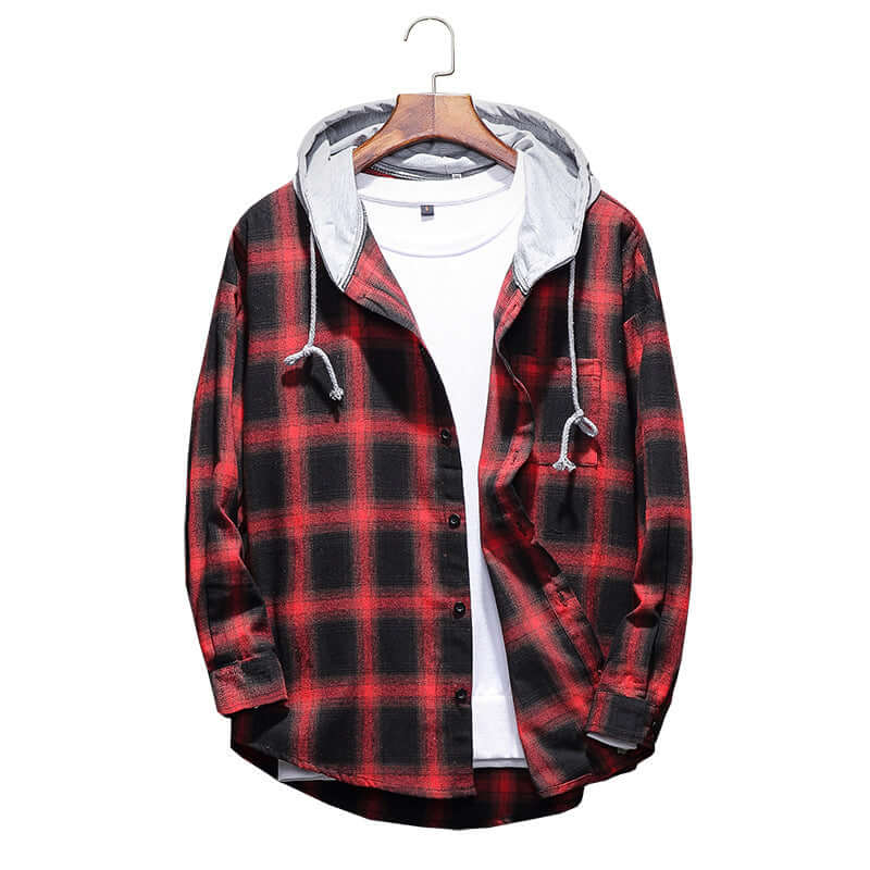 Hooded plaid shirt in black and red, featuring long sleeves and a casual style for plus size men.