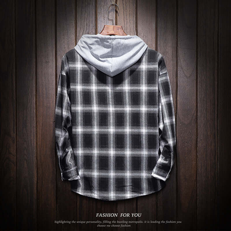 Back view of a hooded plaid shirt in black and gray, featuring long sleeves and a casual style for plus size men.