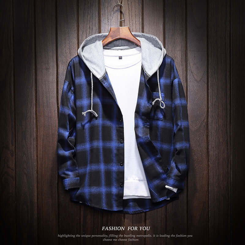 Hooded plaid shirt in black and blue, featuring a casual style and long sleeves, ideal for plus size men's fashion.