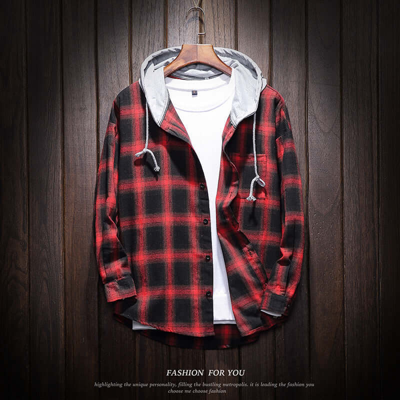 Loose plus size hooded plaid shirt in black and red, casual long sleeve cotton blend for men.