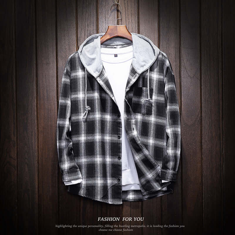 Hooded plaid shirt in black and grey check design, casual plus size coat for men, perfect for everyday wear.