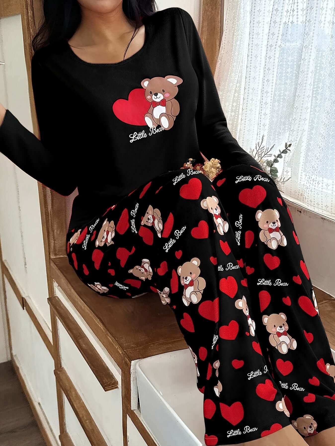 Womens Crew - Neck Bear And Heart Print Long - Sleeve Pajama Set With Long Pants - DBMP (Electronics And More Store)