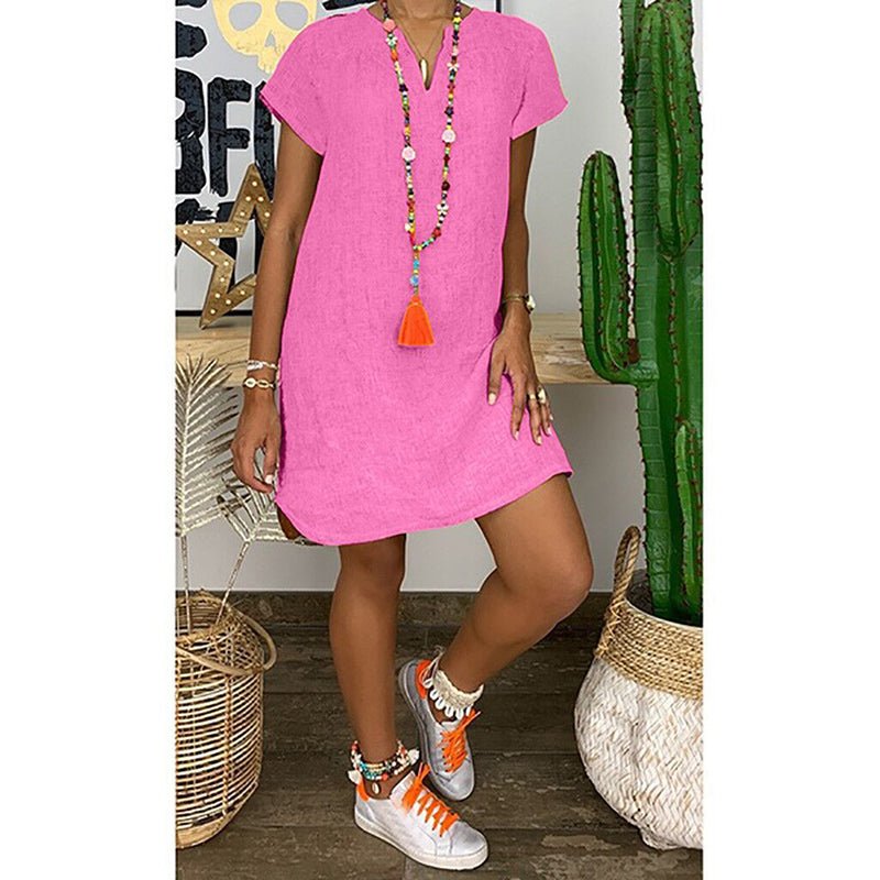 Womens Summer Casual Solid Color V Neck Short Sleeve Dresses Boho Beach Sundresses - DBMP Shop