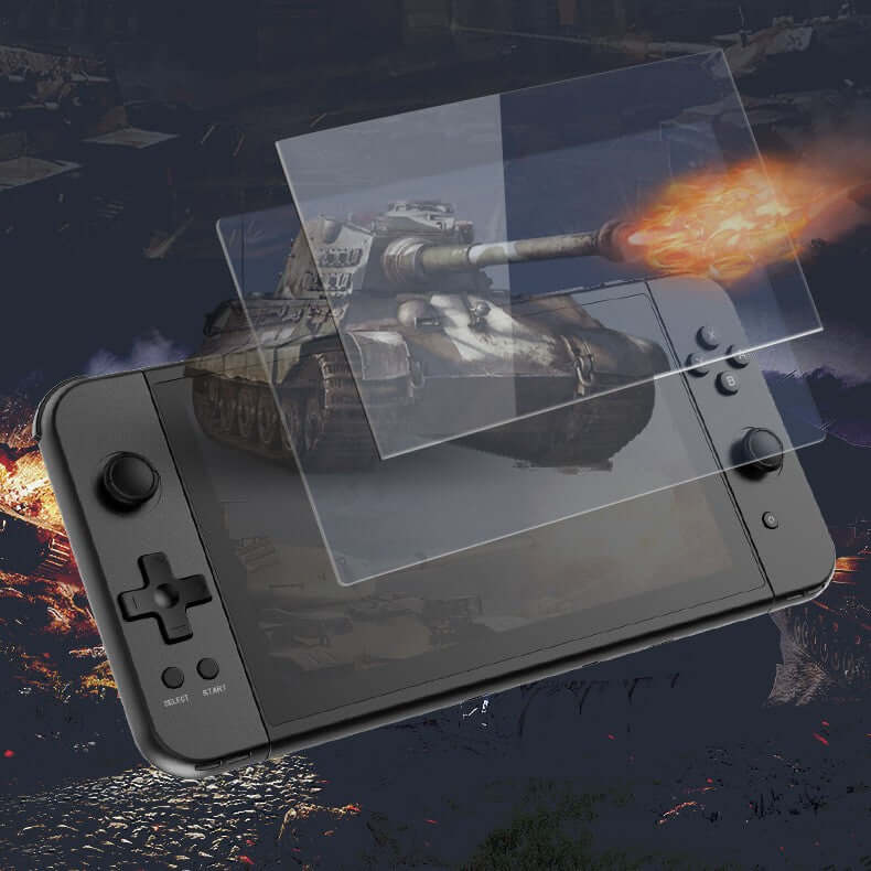 HD handheld game console in black with two-player function and gaming graphic overlay.