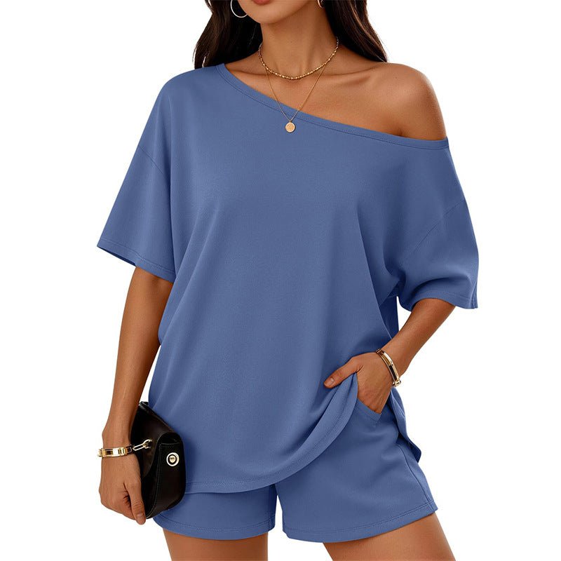 Womens 2 - piece Fashionable Casual Set Slant - Neck Top And Shorts For Loungewear Daily Wear Work Gym Outfit - DBMP Shop