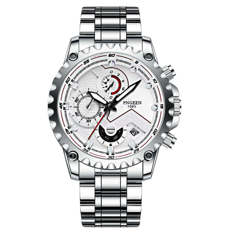Automatic electronic watch with a silver stainless steel strap, large round dial, quartz movement, and stylish design.