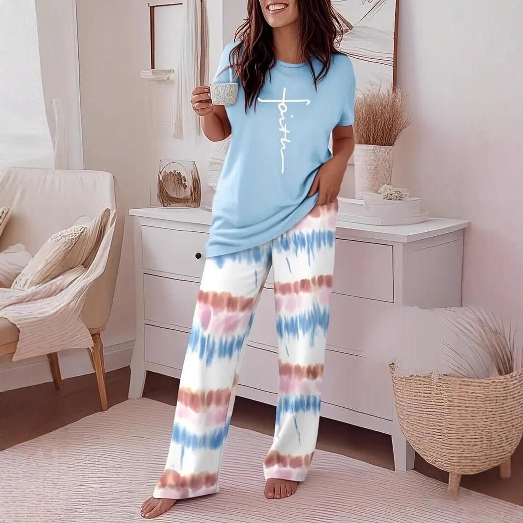Crew - neck Short - sleeve Casual Striped Print Wide - leg Pants Two - piece Trouser Set - DBMP (Electronics And More Store)