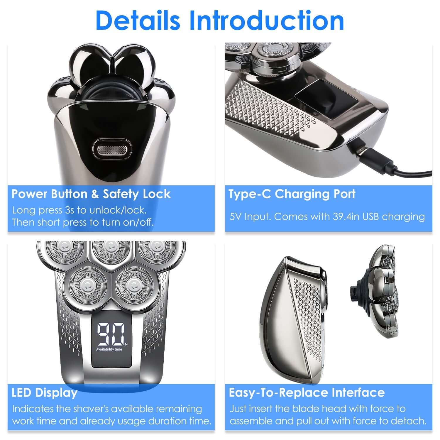 1Pc Head Shavers For Bald Men 5 In 1 7D Electric Rotary Razor Rechargeable Cordless Head Beard Trimmer Shaver Kit IPX6 Waterproof Dry Wet Grooming Kit With 3 Combs - DBMP (Electronics And More Store)