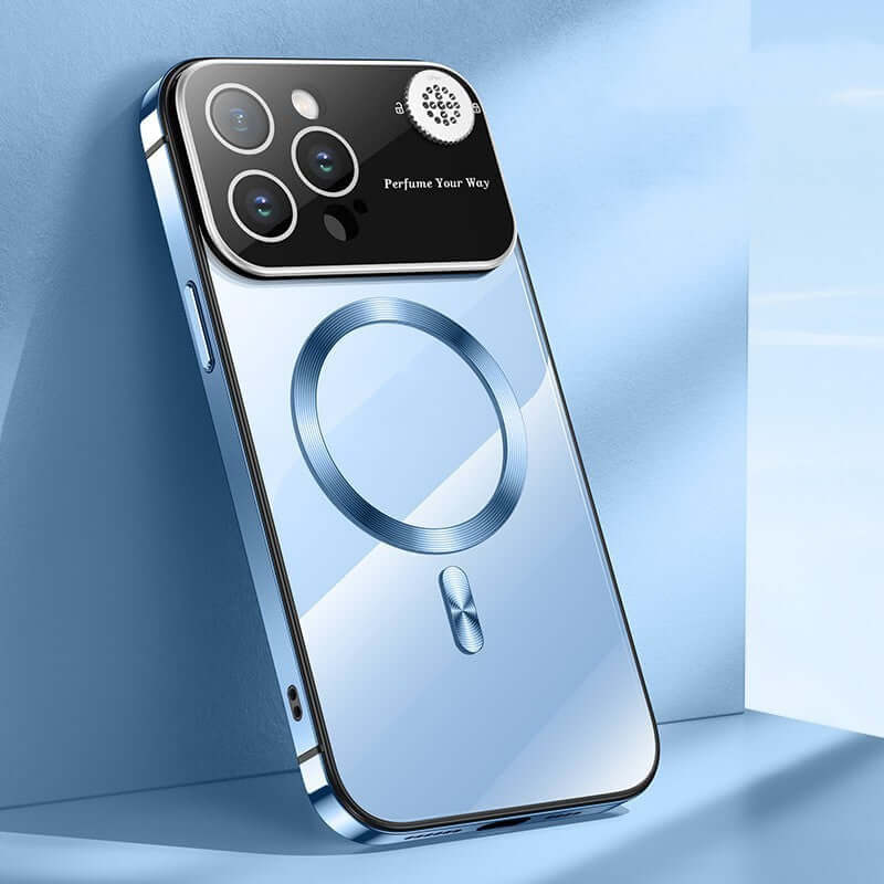 Dark blue stainless steel frame phone case with magnetic suction and aromatherapy feature.