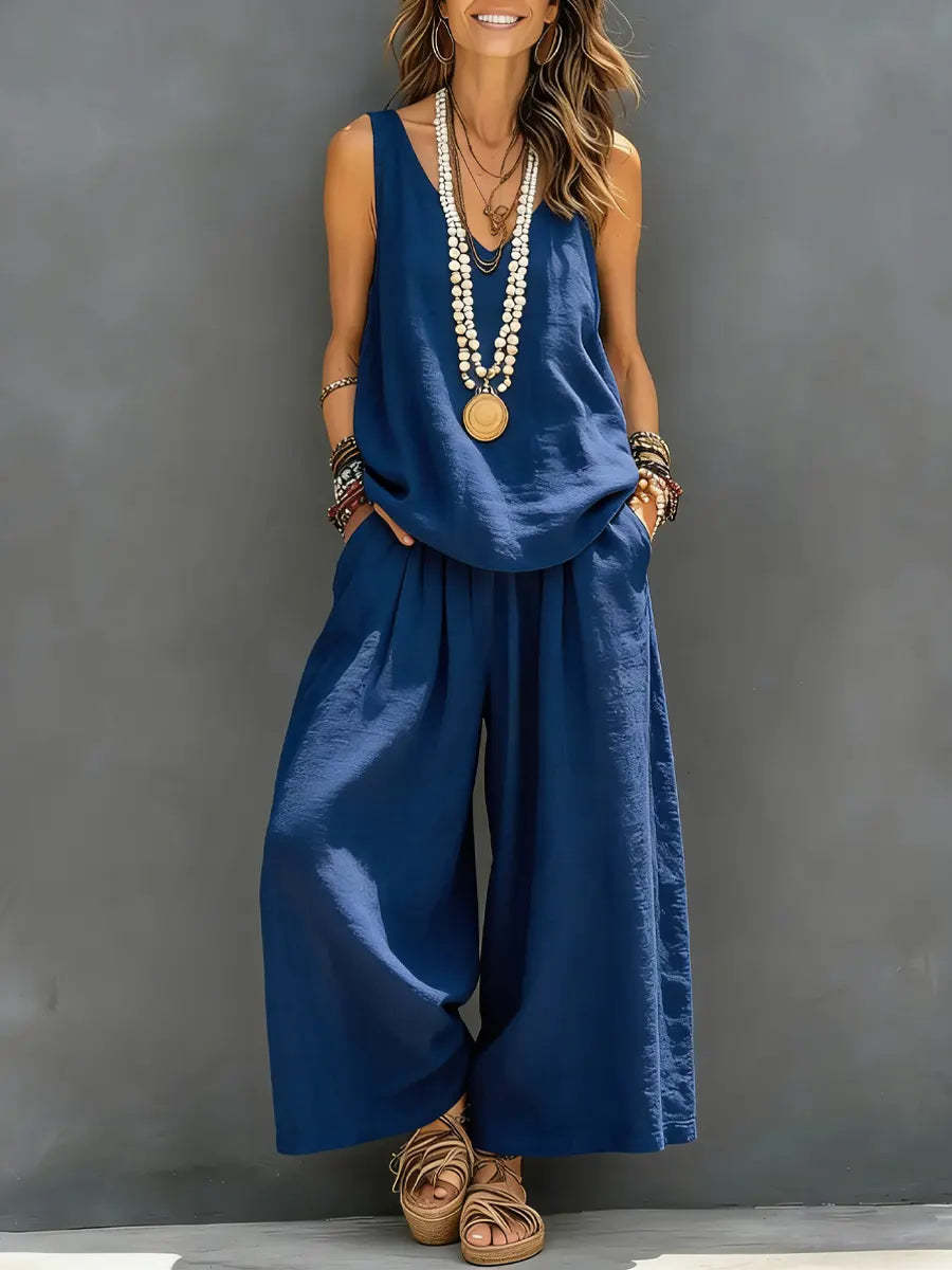 Womens Solid - Colored Casual Sleeveless Tank Top And Wide - Leg Pants Cotton - Linen Set For Daily Wear Holiday Outfit - DBMP (Electronics And More Store)