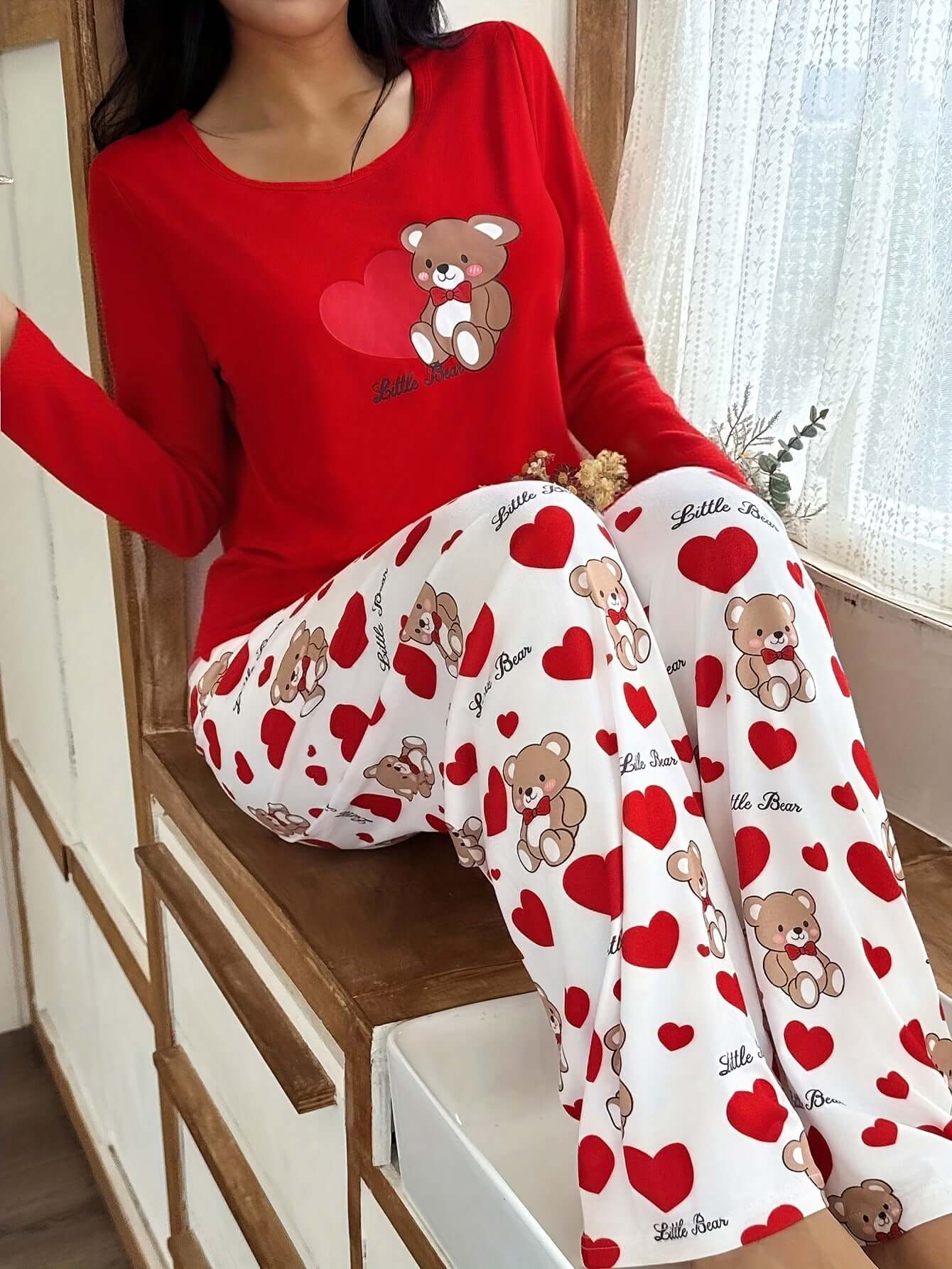 Womens Crew - Neck Bear And Heart Print Long - Sleeve Pajama Set With Long Pants - DBMP (Electronics And More Store)