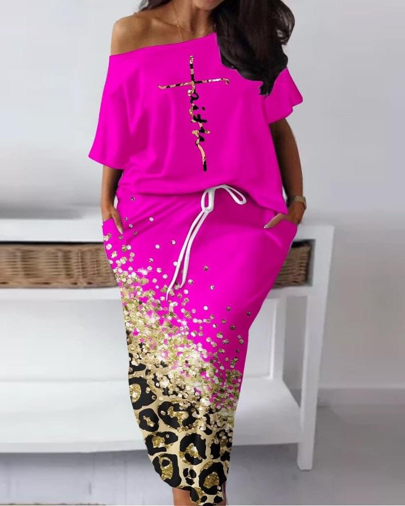 Women's Baroque Leopard Print Diagonal Collar Drawstring Skirt Suit - DBMP (Electronics And More Store)