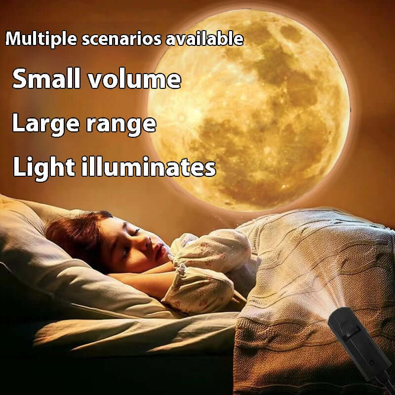 Moon projection lamp illuminating a child sleeping, showcasing its small volume and large projection range.