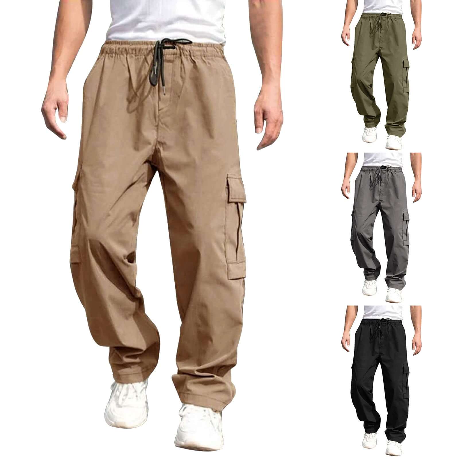 Casual cargo pants for men in black, army green, khaki, and dark gray; loose straight fit with drawstring waist and pockets.