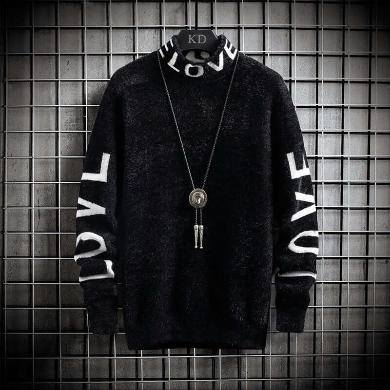Men's high neck loose sweater in black with printed 'LOVE' detail and casual style, ideal for comfortable fashion.