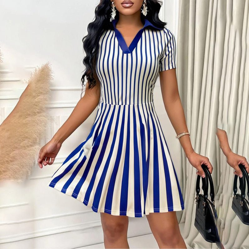 Women's Polo Dress Elegant Striped V Neck Short Sleeve A Line Dresses - DBMP Shop
