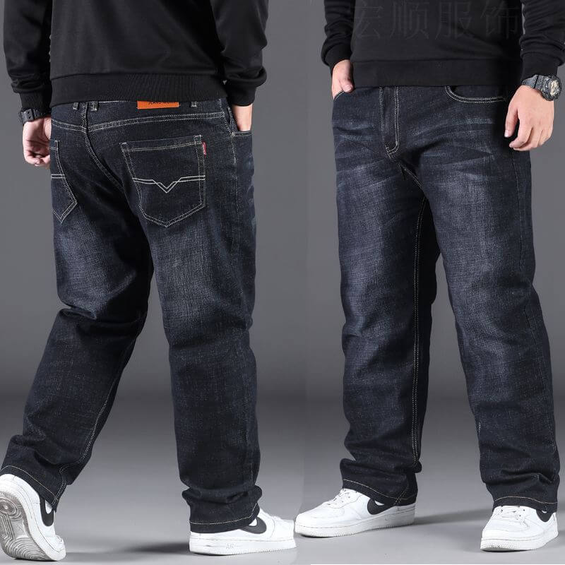 Men's fashion casual straight loose-fitting pants in dark denim, featuring a relaxed style and minimalistic design.