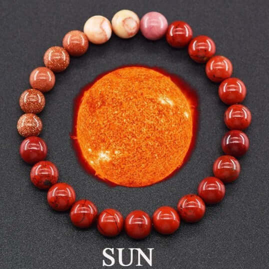 Sun-themed unisex bracelet with matte 10mm stone beads, featuring unique geometric design and vibrant colors.