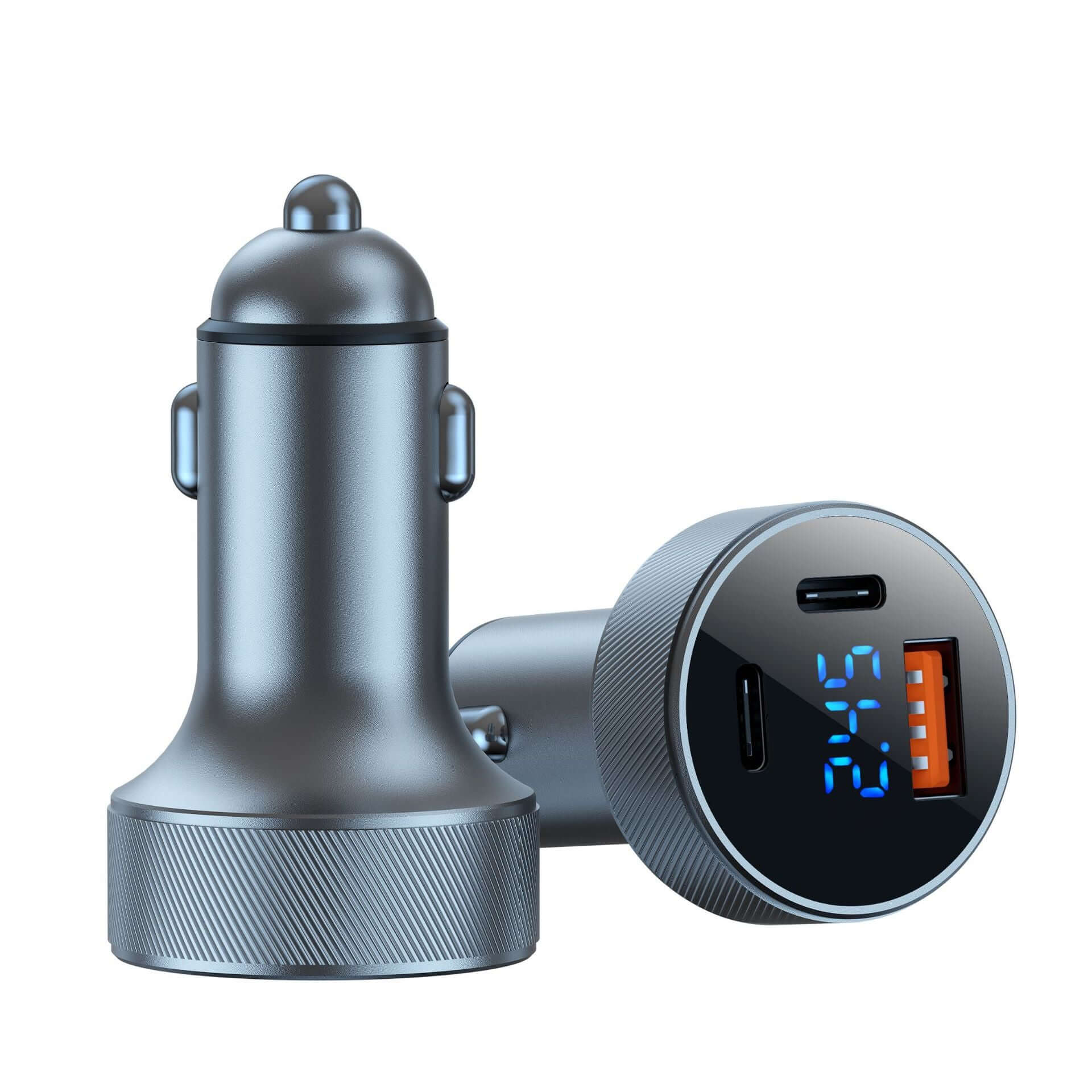 Multifunction car charger 54W with digital display, featuring three cigarette lighter ports, black, aluminum alloy design.