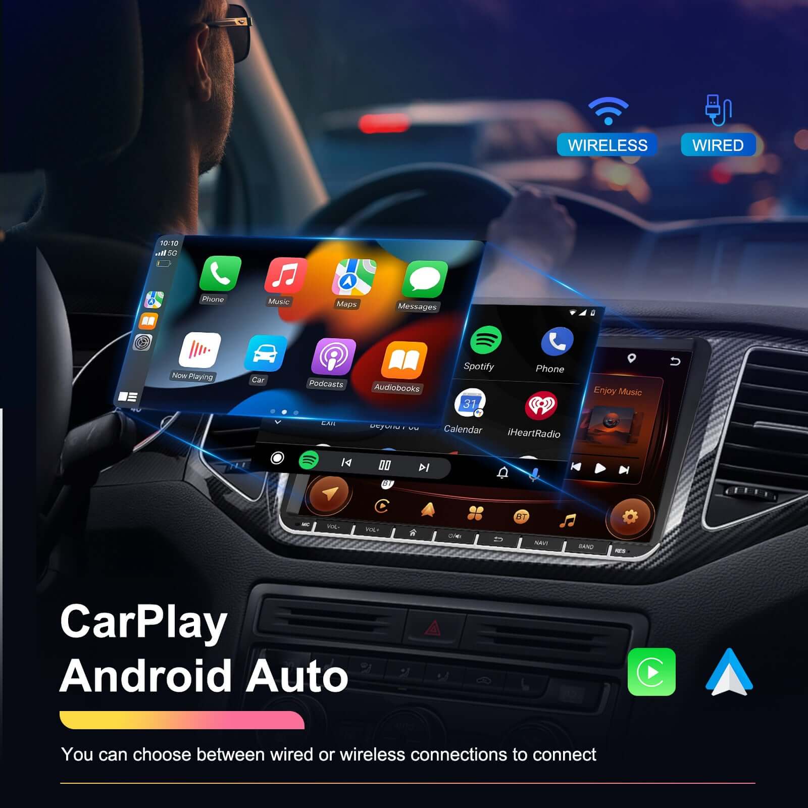 Dashboard view showcasing CarPlay and Android Auto connectivity options for seamless smartphone integration.