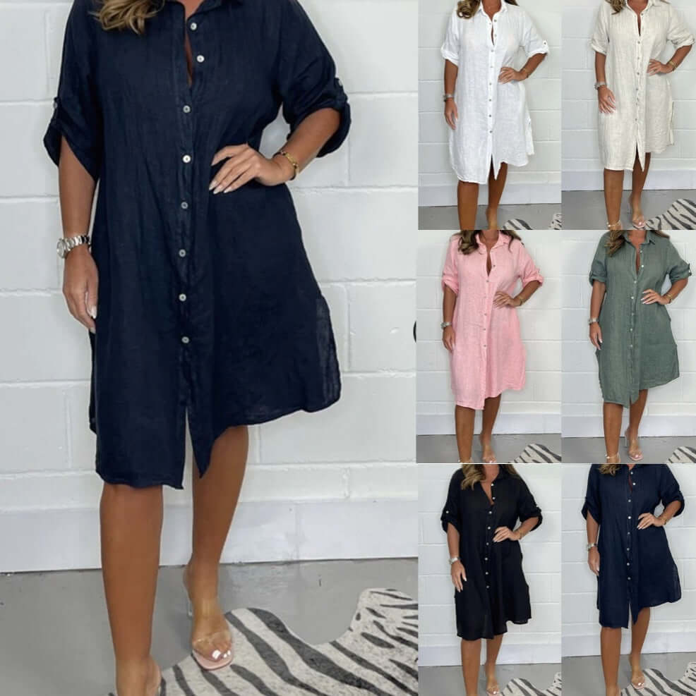 Loose casual half sleeve cotton linen shirt dress in multiple colors: navy blue, black, white, pink, apricot, light green.