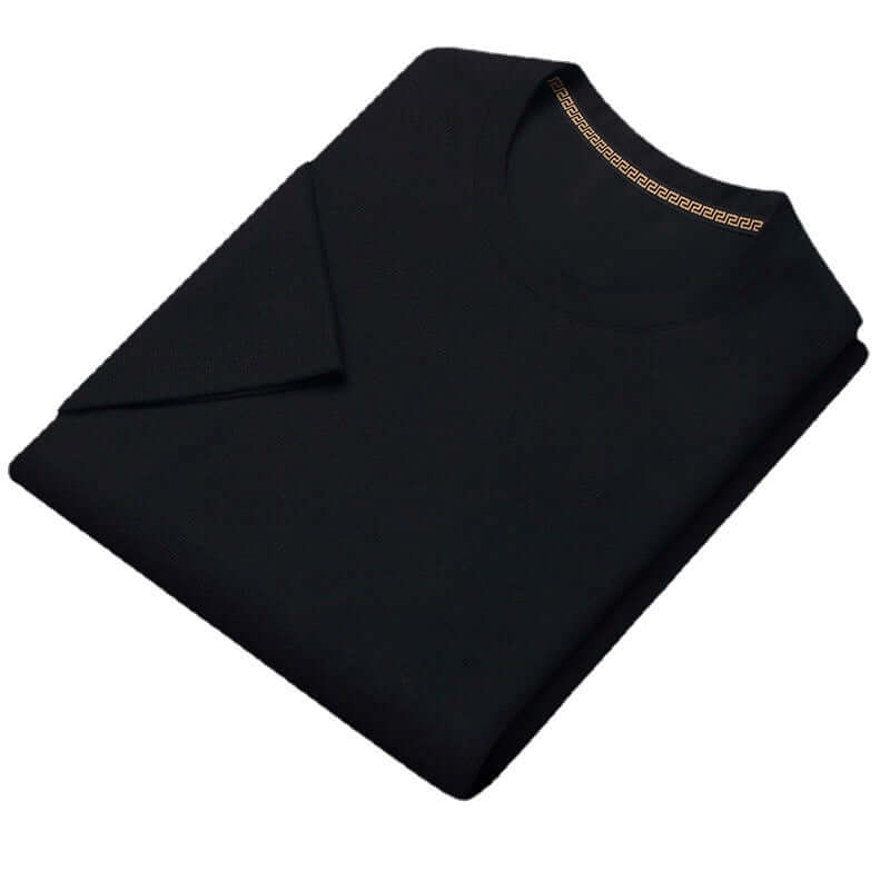Men's black round neck half sleeve top, breathable fabric, solid color, casual wear.