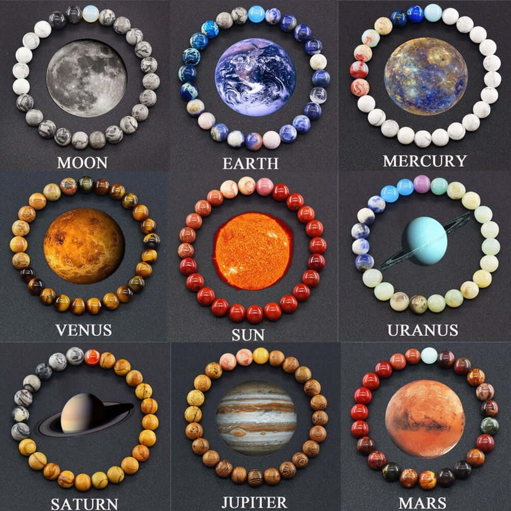 Fashion jewelry couples bracelets showcasing planet-themed matte stone bead designs for men and women.