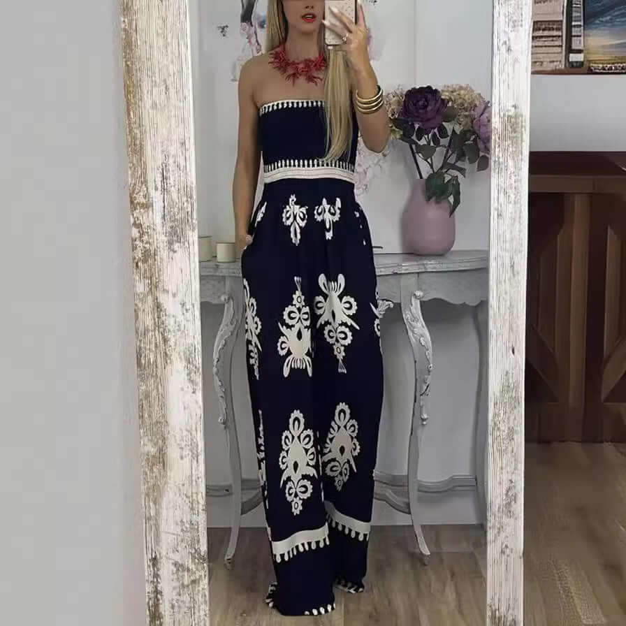 Wrapped chest printed jumpsuit in navy with a high waist, perfect for casual wear for women.