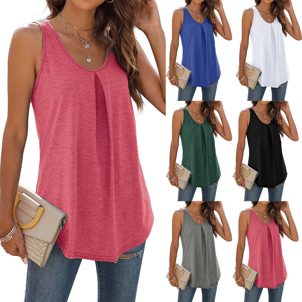 Summer solid color round neck dovetail vest T-shirt for women, available in various colors and sizes.