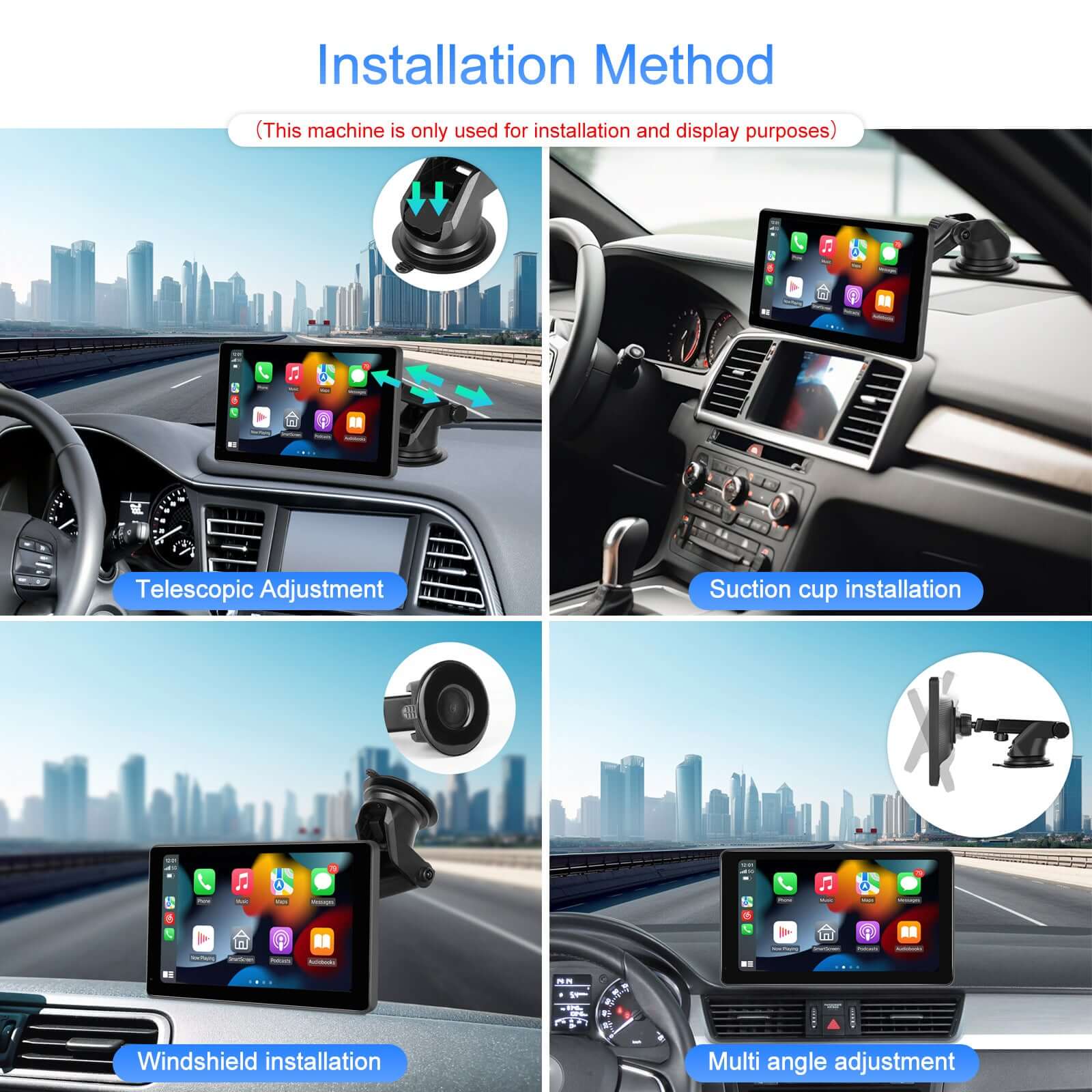 Installation guide for Full Touch HD Android car display showing suction cup and telescopic adjustment methods.