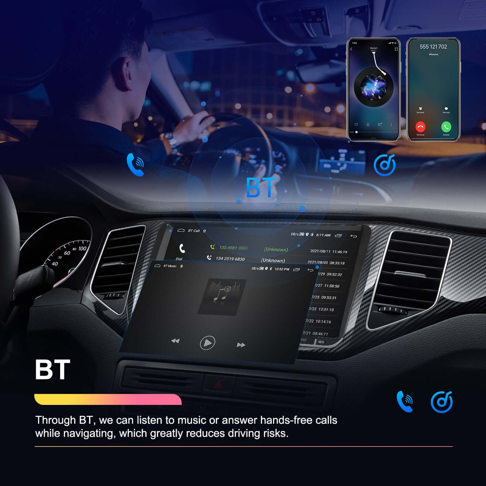 Car dashboard with large screen for BT connections, enabling hands-free calls and music while navigating safely.
