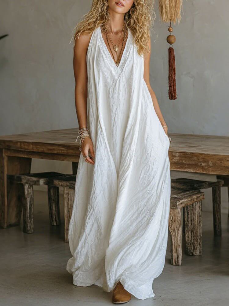 Casual Sleeveless Loose Fit Vest V - neck Long Dress With Front Pockets - Women's Summer Holiday Flowy Sleeveless Long Dresses For Daily Wear - DBMP (Electronics And More Store)