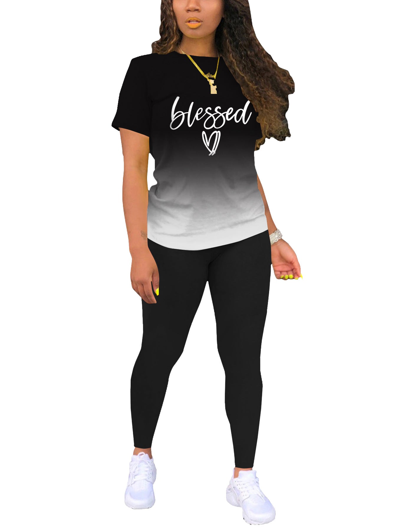 Printed Crewneck Short-Sleeve T-Shirt Top And Pants Womens Outfit